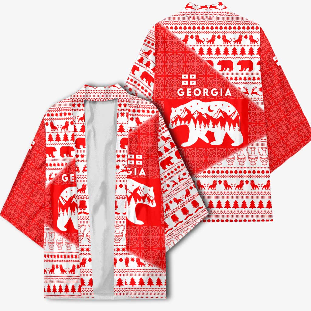 Georgia Christmas Kimono with Bear Mountains Forest Pattern and Traditional Georgian Design - Wonder Print Shop