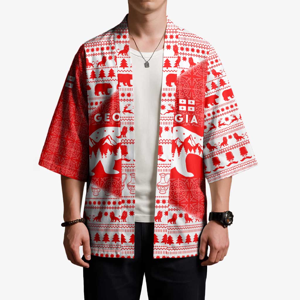 Georgia Christmas Kimono with Bear Mountains Forest Pattern and Traditional Georgian Design - Wonder Print Shop