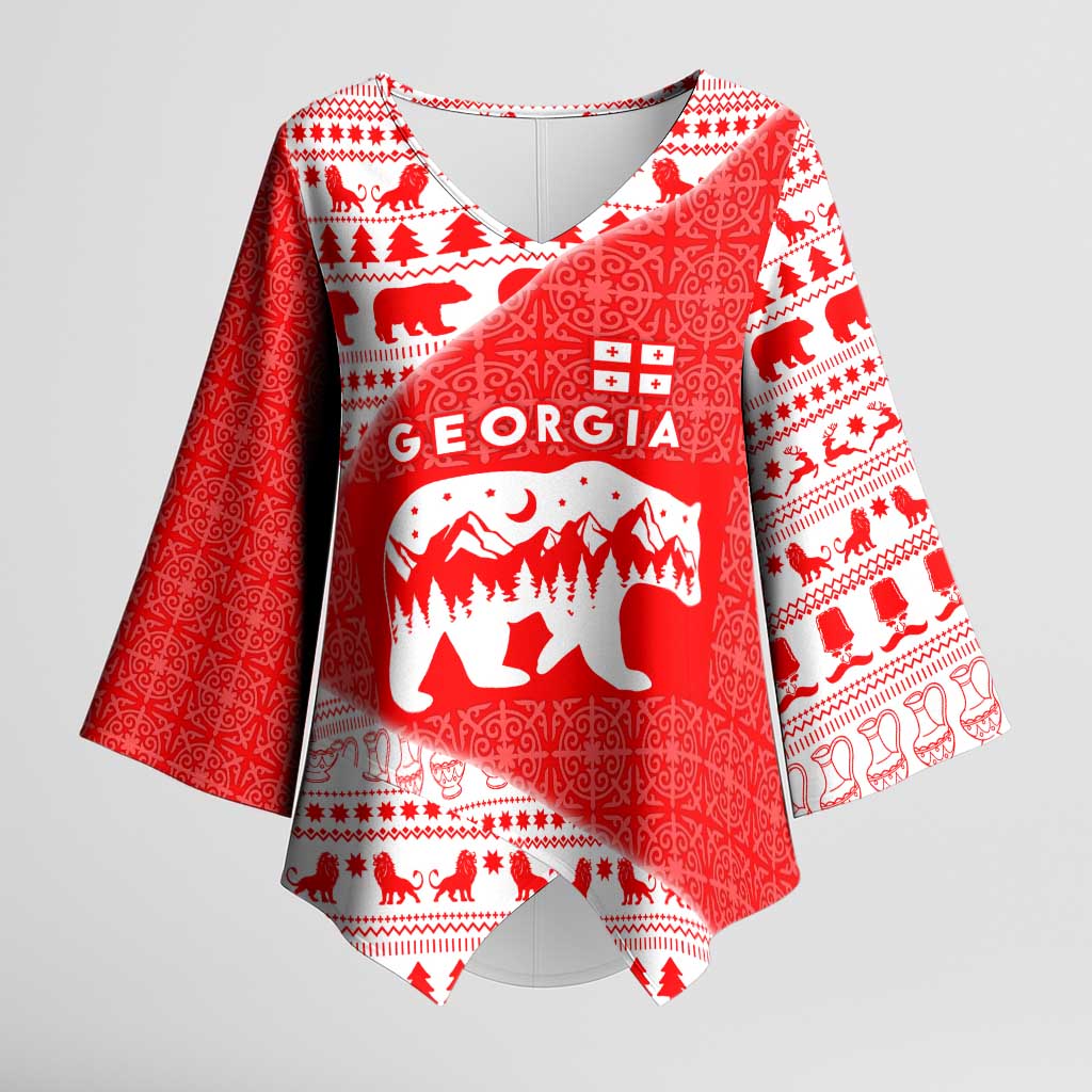 Georgia Christmas Kimono Sleeve Blouse with Bear Mountains Forest Pattern and Traditional Georgian Design - Wonder Print Shop