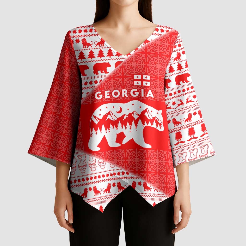 Georgia Christmas Kimono Sleeve Blouse with Bear Mountains Forest Pattern and Traditional Georgian Design - Wonder Print Shop