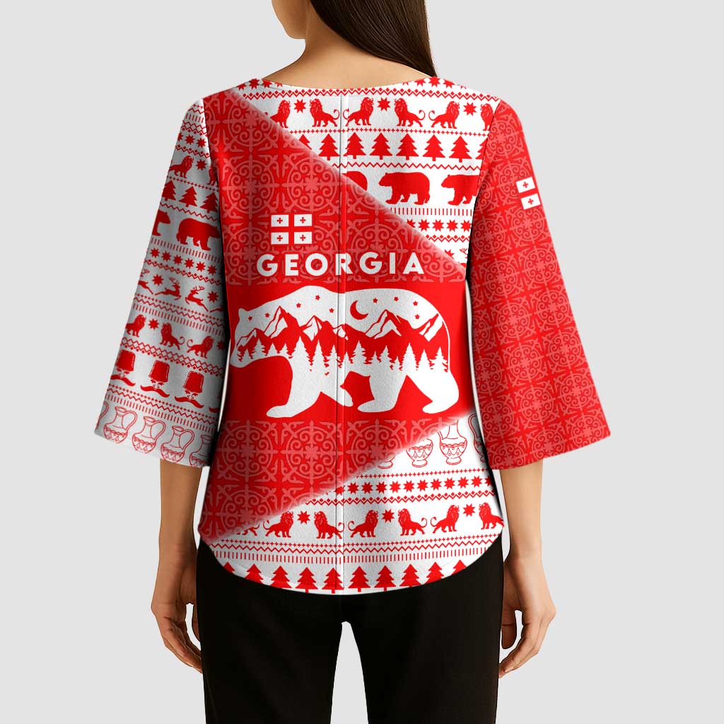 Georgia Christmas Kimono Sleeve Blouse with Bear Mountains Forest Pattern and Traditional Georgian Design - Wonder Print Shop