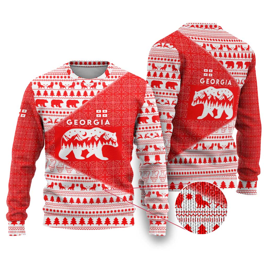 Georgia Christmas Ugly Christmas Sweater with Bear Mountains Forest Pattern and Traditional Georgian Design - Wonder Print Shop