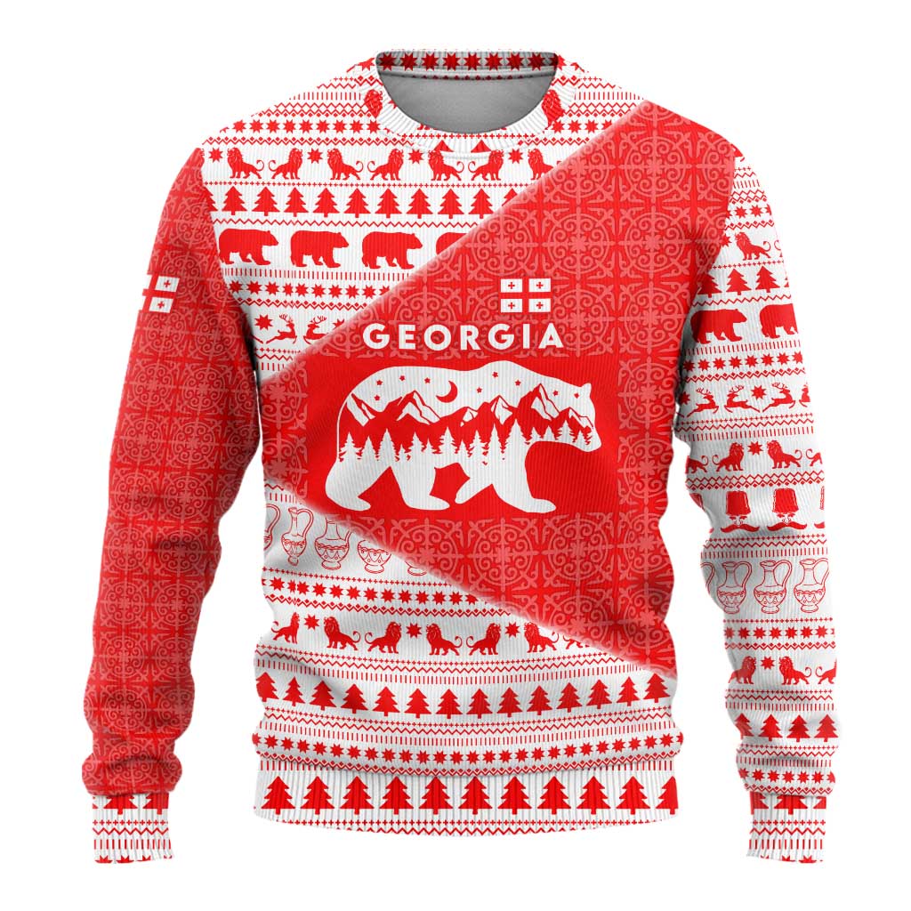 Georgia Christmas Ugly Christmas Sweater with Bear Mountains Forest Pattern and Traditional Georgian Design - Wonder Print Shop