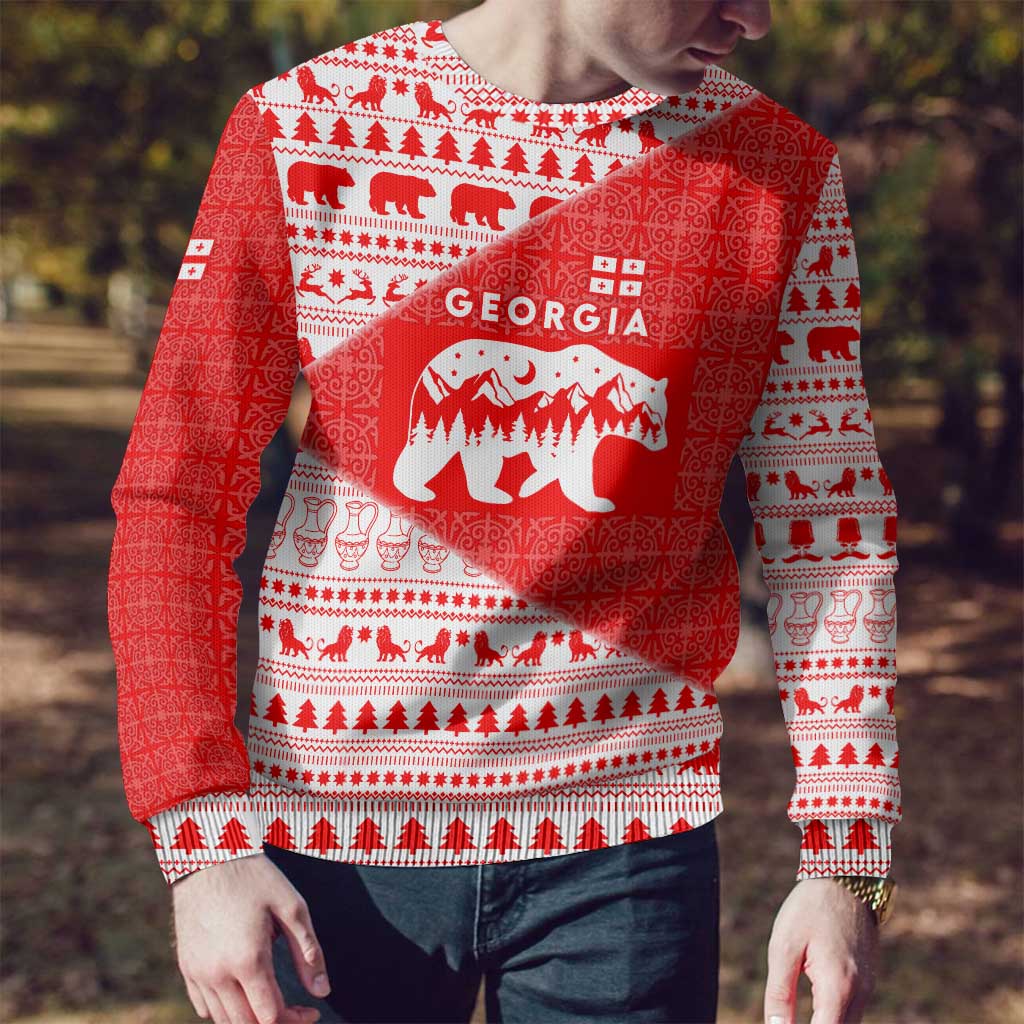 Georgia Christmas Ugly Christmas Sweater with Bear Mountains Forest Pattern and Traditional Georgian Design - Wonder Print Shop