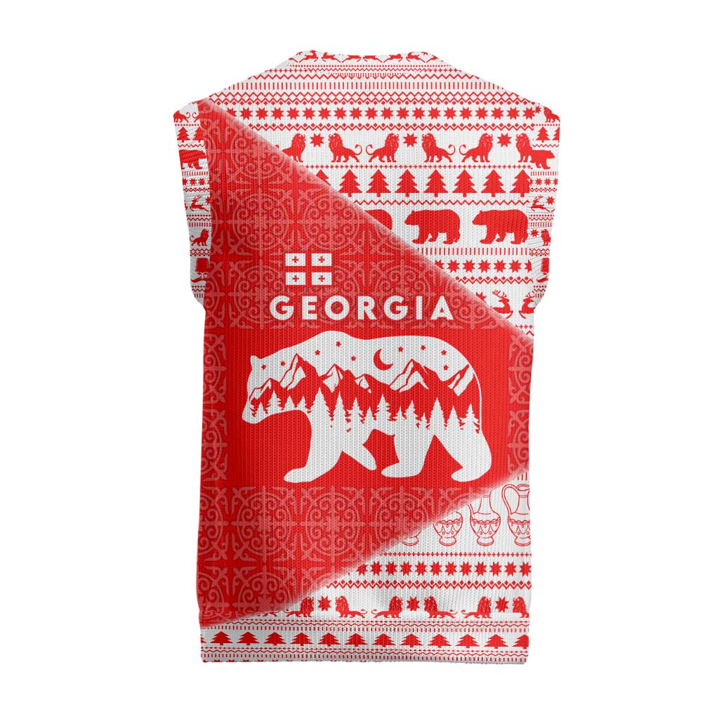 Georgia Christmas Knitted V-Neck Vest with Bear Mountains Forest Pattern and Traditional Georgian Design - Wonder Print Shop