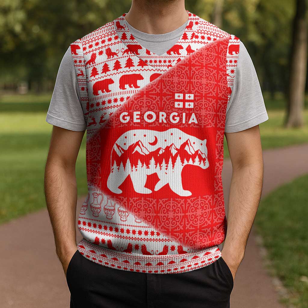 Georgia Christmas Knitted V-Neck Vest with Bear Mountains Forest Pattern and Traditional Georgian Design - Wonder Print Shop