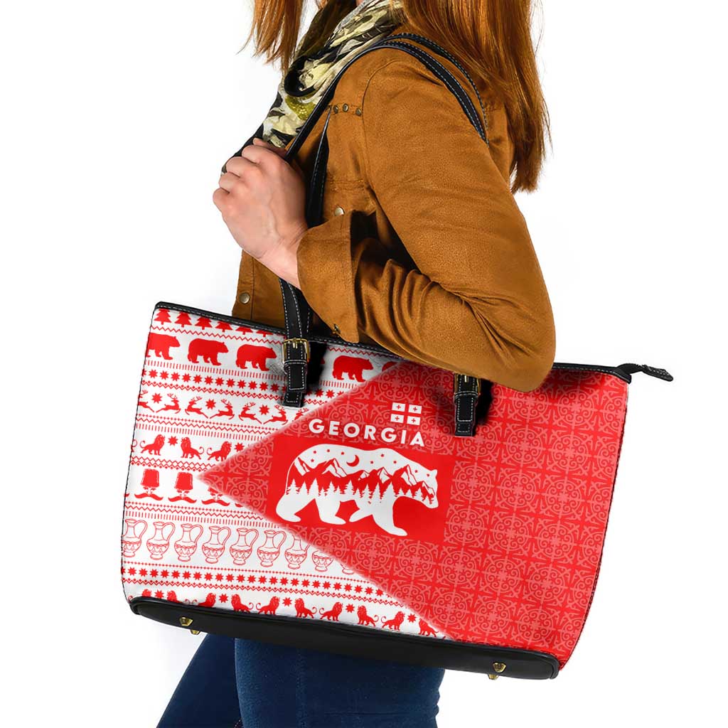 Georgia Christmas Leather Tote Bag with Bear Mountains Forest Pattern and Traditional Georgian Design - Wonder Print Shop
