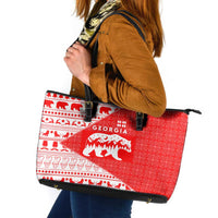 Georgia Christmas Leather Tote Bag with Bear Mountains Forest Pattern and Traditional Georgian Design - Wonder Print Shop