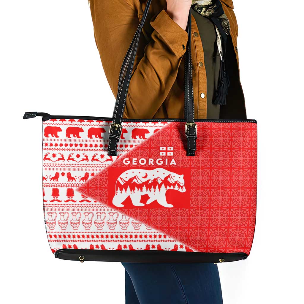 Georgia Christmas Leather Tote Bag with Bear Mountains Forest Pattern and Traditional Georgian Design - Wonder Print Shop