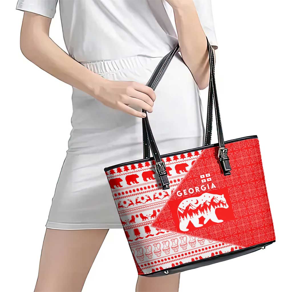 Georgia Christmas Leather Tote Bag with Bear Mountains Forest Pattern and Traditional Georgian Design - Wonder Print Shop