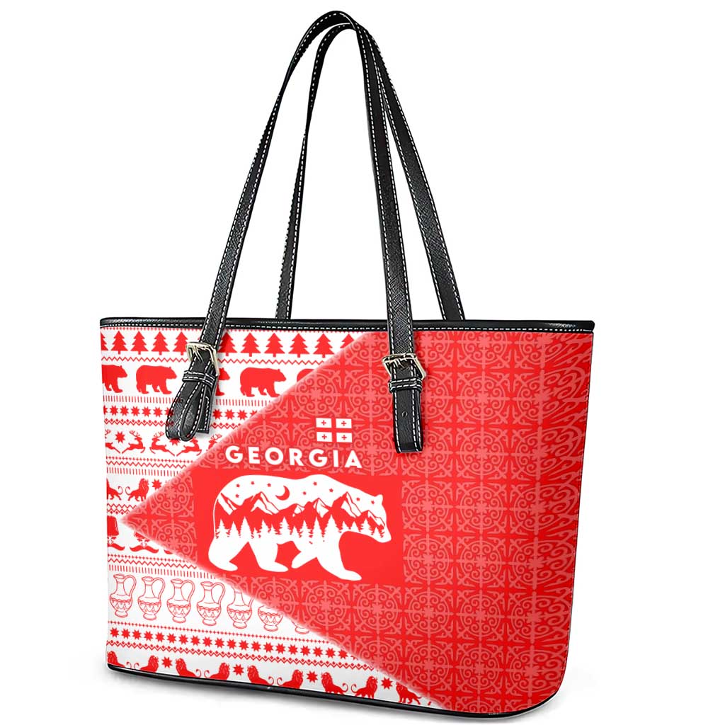 Georgia Christmas Leather Tote Bag with Bear Mountains Forest Pattern and Traditional Georgian Design - Wonder Print Shop