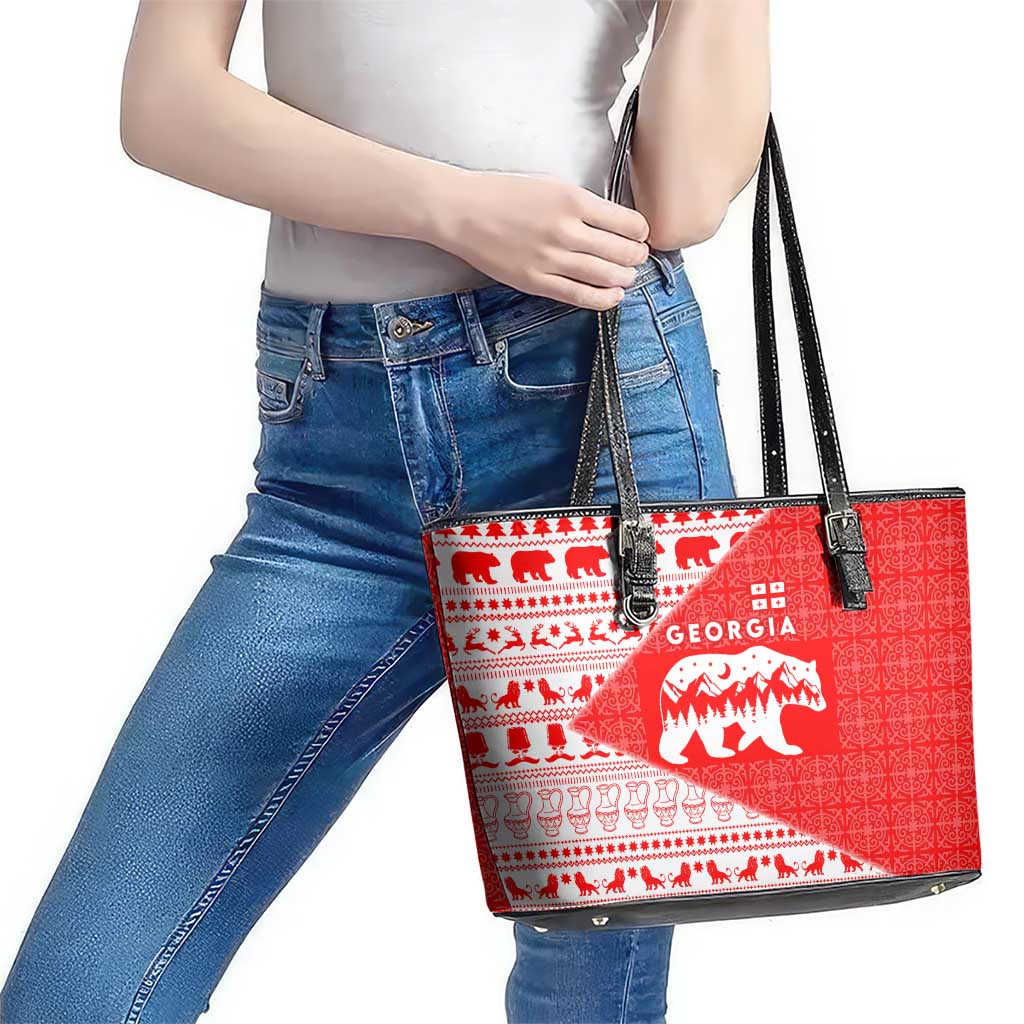 Georgia Christmas Leather Tote Bag with Bear Mountains Forest Pattern and Traditional Georgian Design - Wonder Print Shop