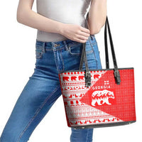 Georgia Christmas Leather Tote Bag with Bear Mountains Forest Pattern and Traditional Georgian Design - Wonder Print Shop