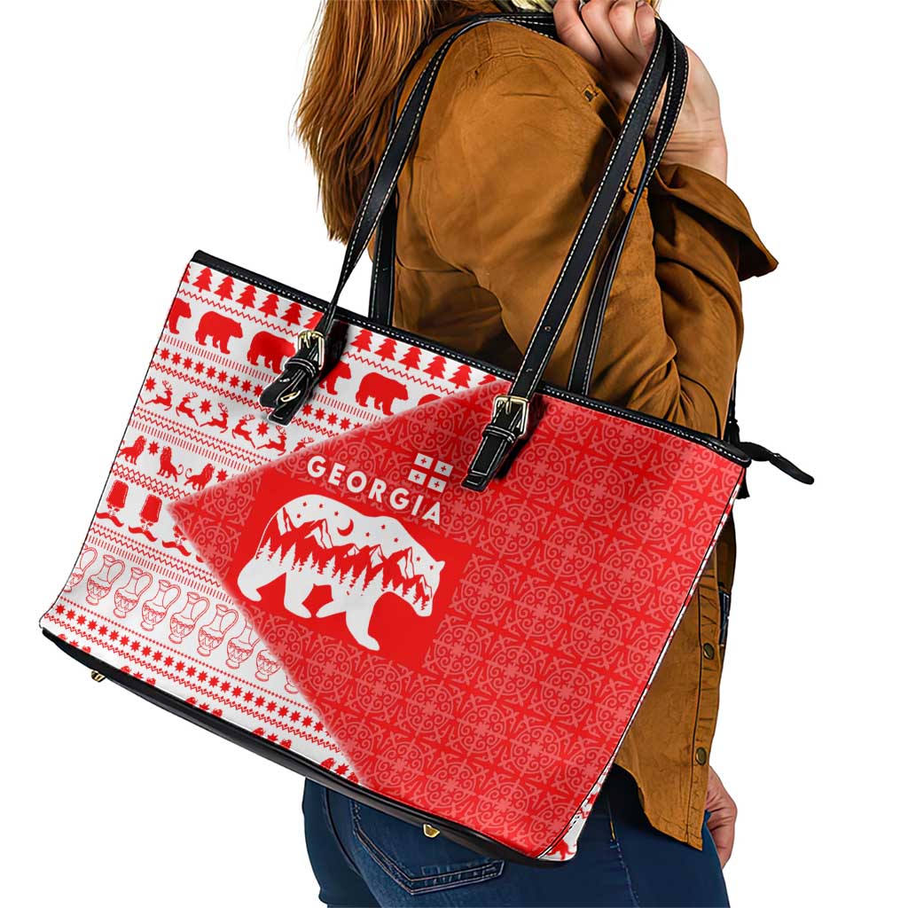 Georgia Christmas Leather Tote Bag with Bear Mountains Forest Pattern and Traditional Georgian Design - Wonder Print Shop
