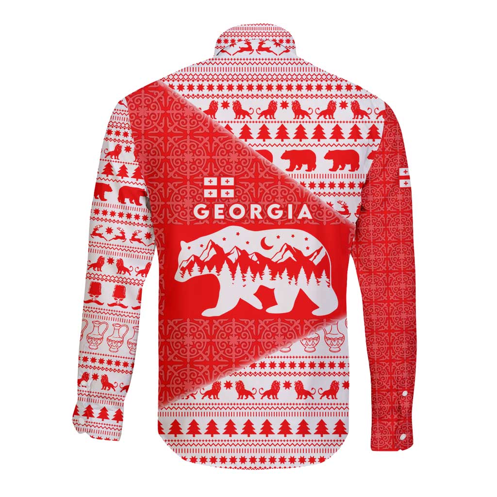 Georgia Christmas Long Sleeve Button Shirt with Bear Mountains Forest Pattern and Traditional Georgian Design - Wonder Print Shop