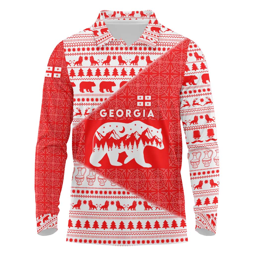 Georgia Christmas Long Sleeve Polo Shirt with Bear Mountains Forest Pattern and Traditional Georgian Design - Wonder Print Shop