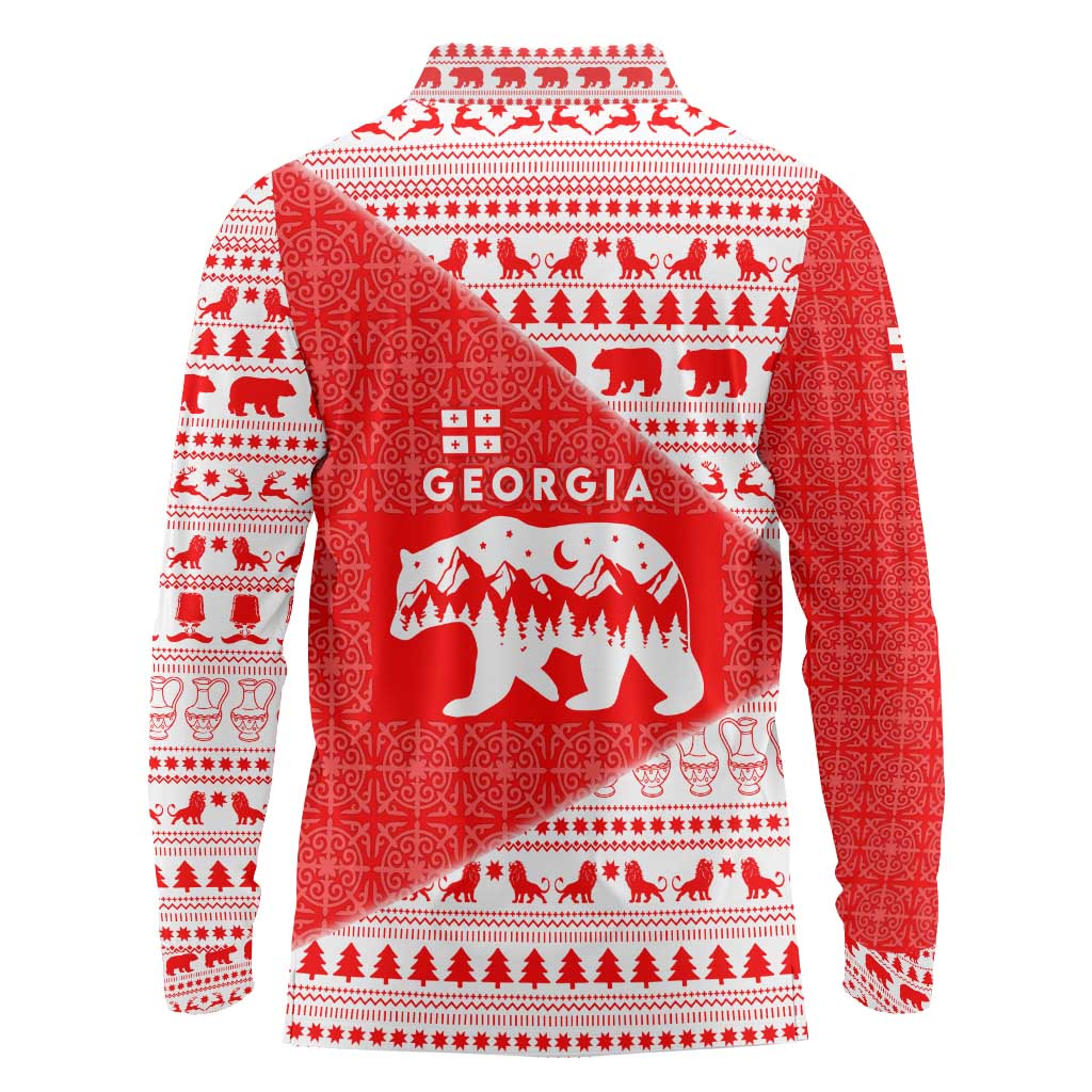 Georgia Christmas Long Sleeve Polo Shirt with Bear Mountains Forest Pattern and Traditional Georgian Design - Wonder Print Shop