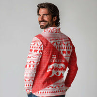 Georgia Christmas Long Sleeve Polo Shirt with Bear Mountains Forest Pattern and Traditional Georgian Design - Wonder Print Shop