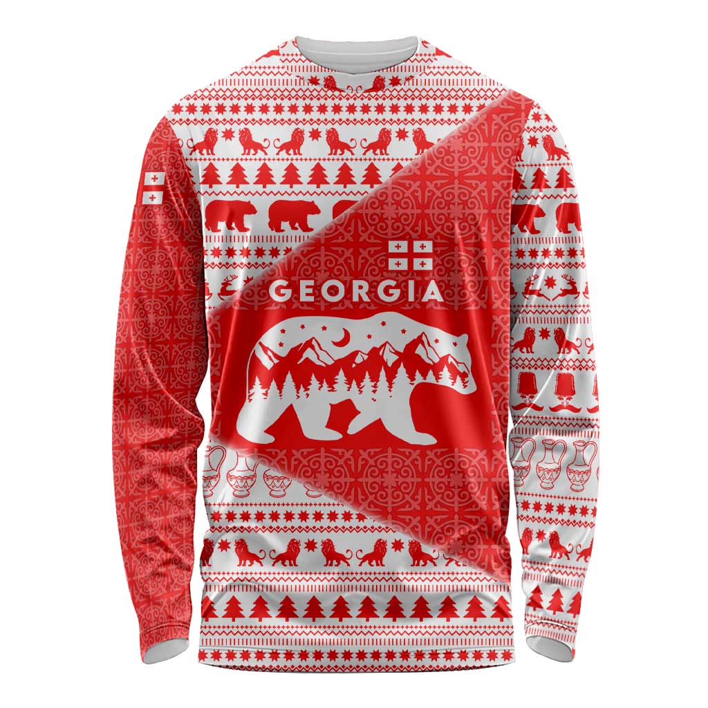 Georgia Christmas Long Sleeve Shirt with Bear Mountains Forest Pattern and Traditional Georgian Design - Wonder Print Shop