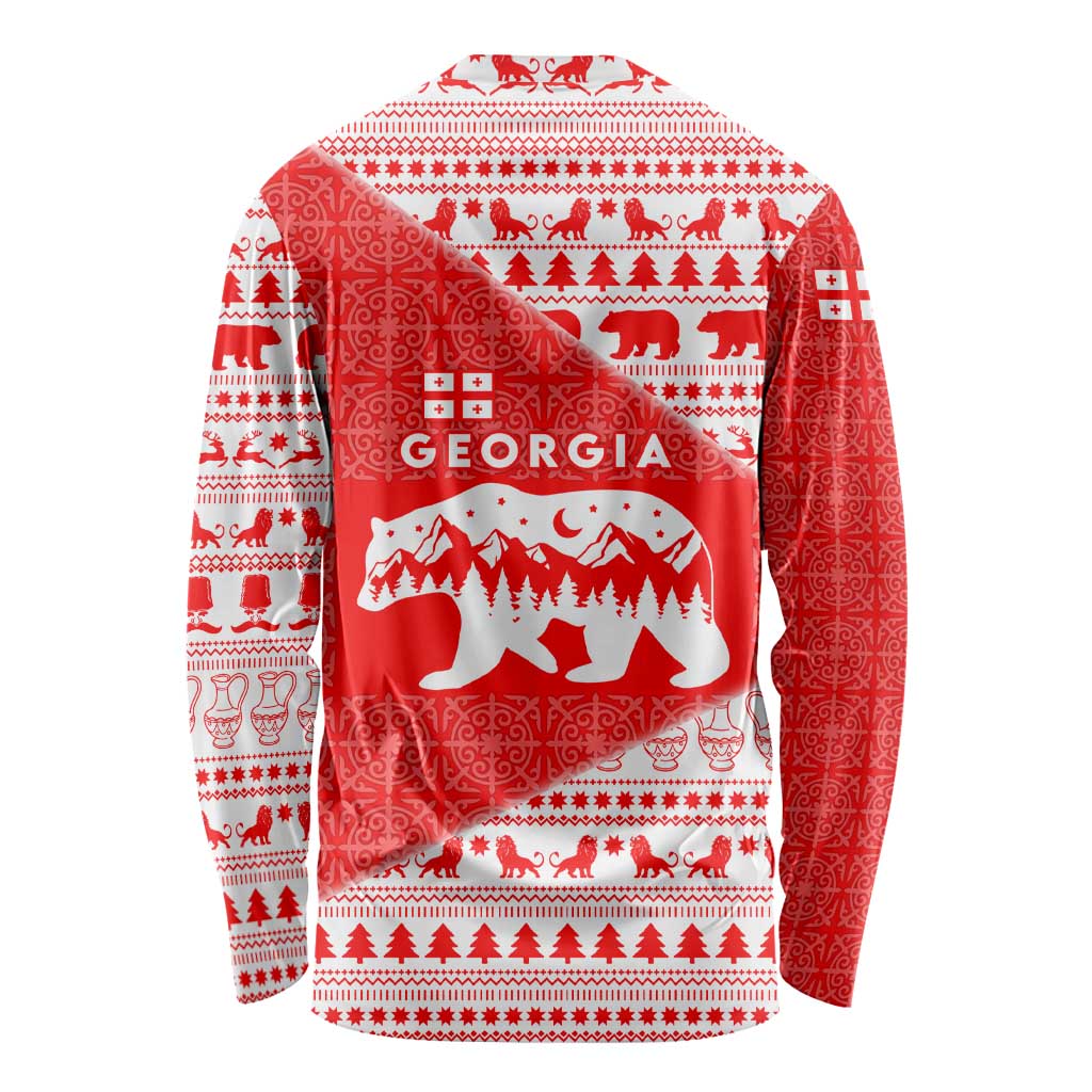 Georgia Christmas Long Sleeve Shirt with Bear Mountains Forest Pattern and Traditional Georgian Design - Wonder Print Shop