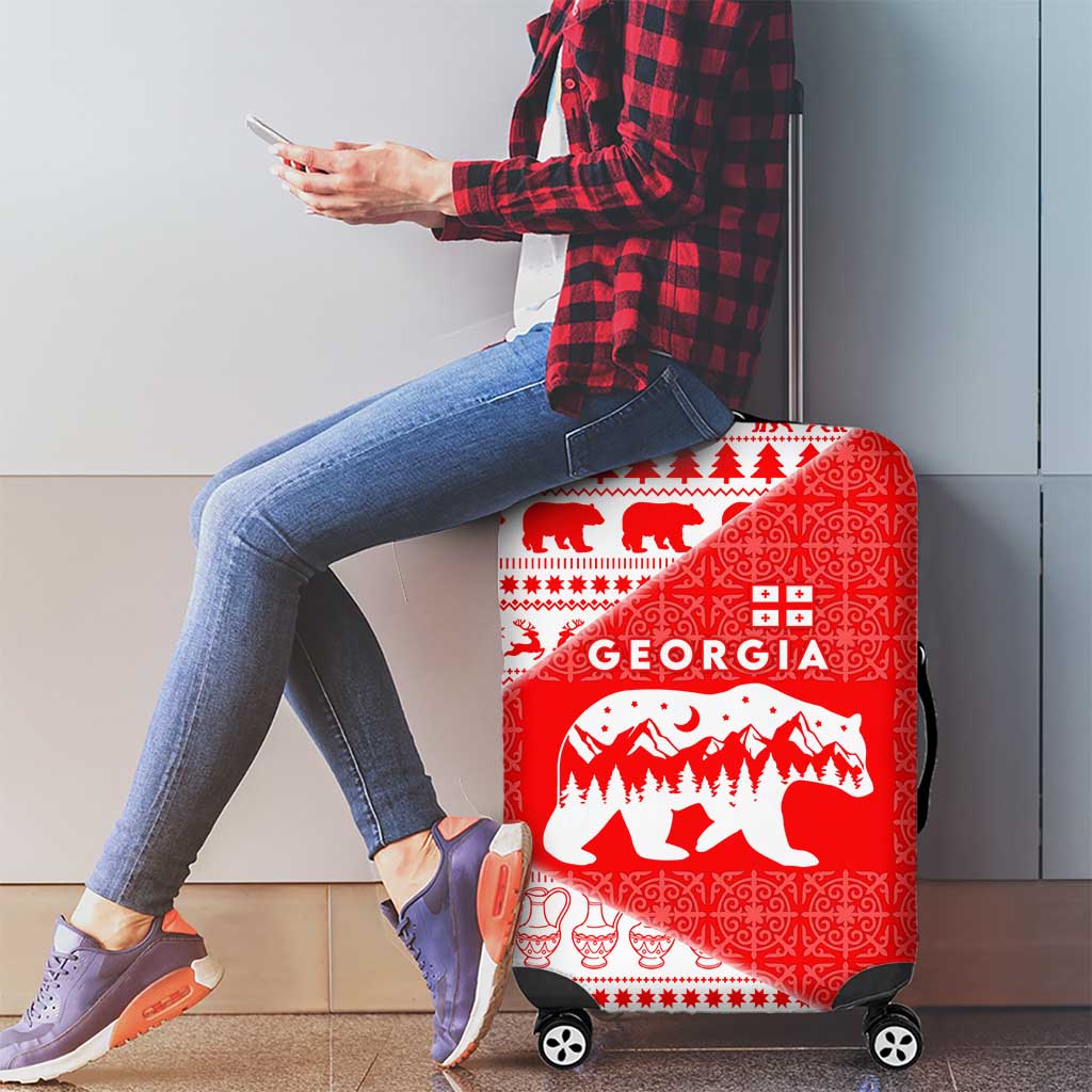 Georgia Christmas Luggage Cover with Bear Mountains Forest Pattern and Traditional Georgian Design - Wonder Print Shop