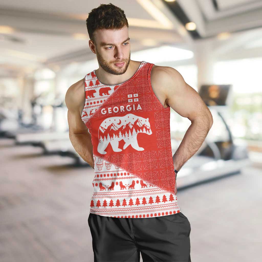 Georgia Christmas Men Tank Top with Bear Mountains Forest Pattern and Traditional Georgian Design - Wonder Print Shop