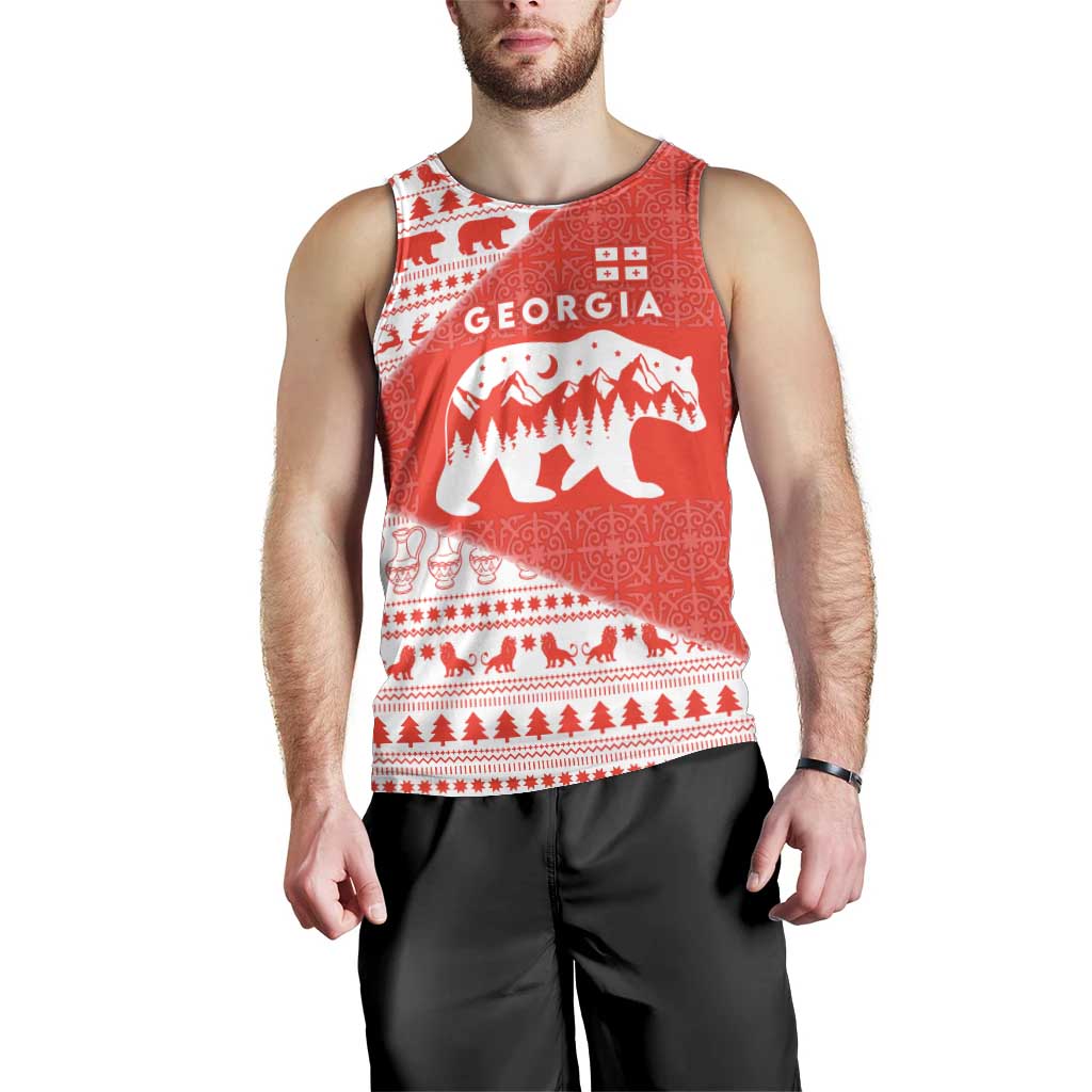 Georgia Christmas Men Tank Top with Bear Mountains Forest Pattern and Traditional Georgian Design - Wonder Print Shop