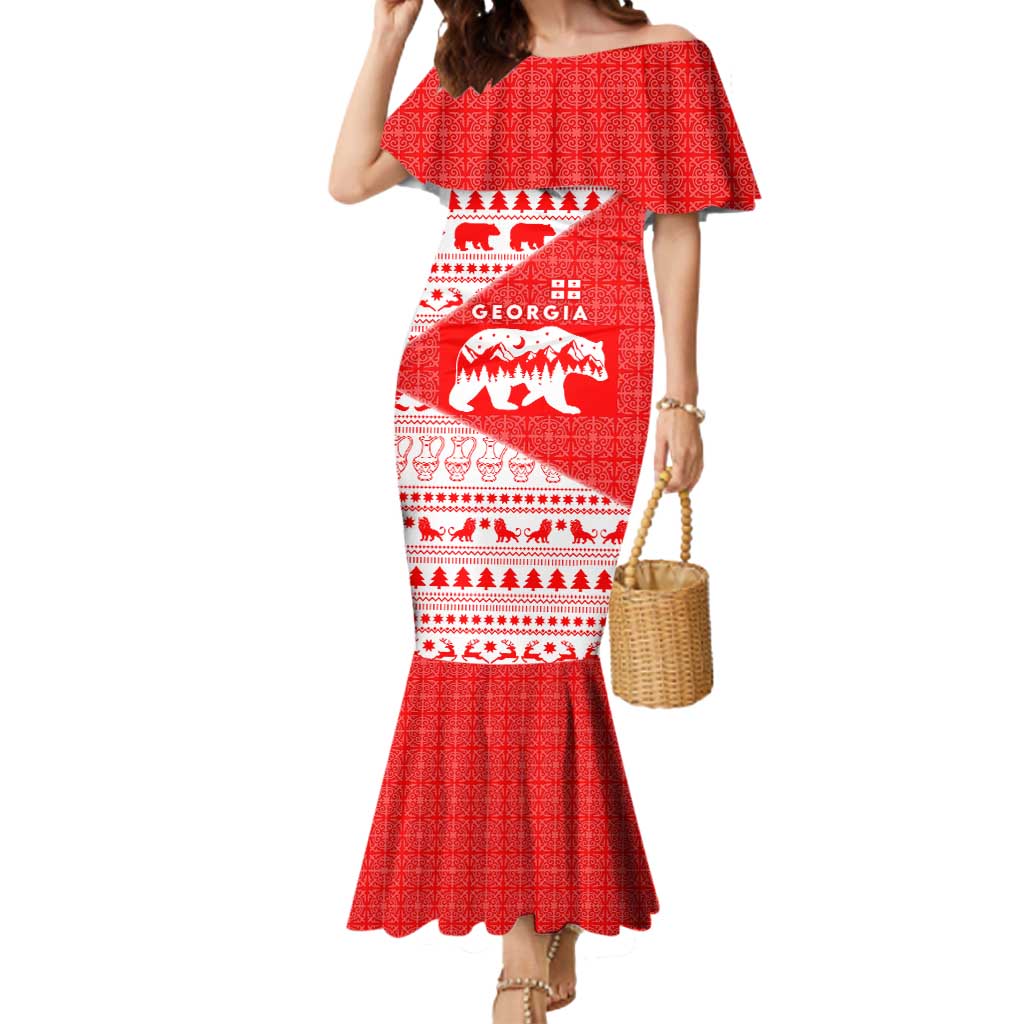 Georgia Christmas Mermaid Dress with Bear Mountains Forest Pattern and Traditional Georgian Design - Wonder Print Shop