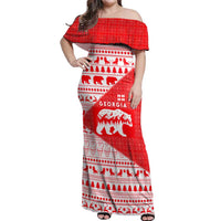 Georgia Christmas Off Shoulder Maxi Dress with Bear Mountains Forest Pattern and Traditional Georgian Design - Wonder Print Shop