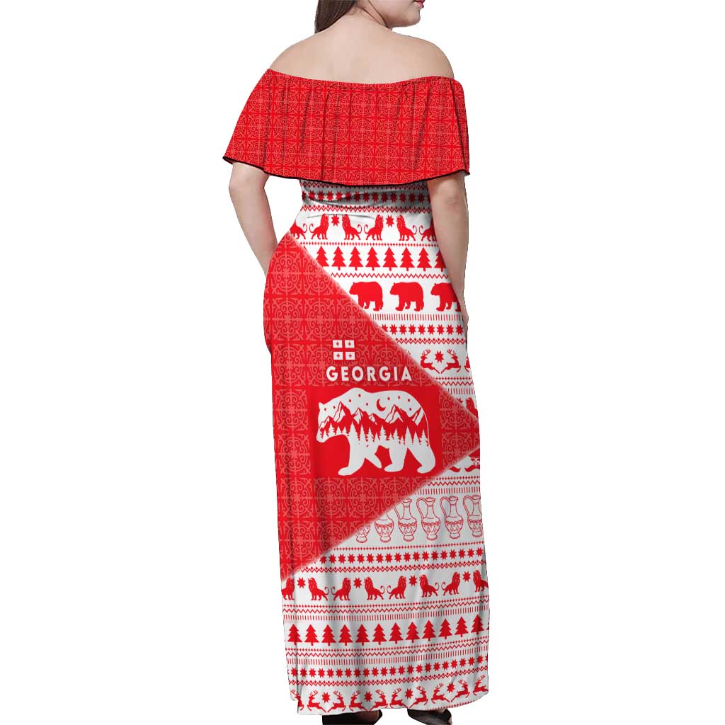 Georgia Christmas Off Shoulder Maxi Dress with Bear Mountains Forest Pattern and Traditional Georgian Design - Wonder Print Shop