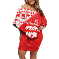 Georgia Christmas Off Shoulder Short Dress with Bear Mountains Forest Pattern and Traditional Georgian Design - Wonder Print Shop