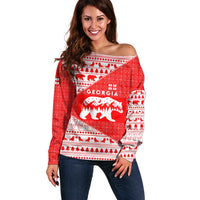Georgia Christmas Off Shoulder Sweater with Bear Mountains Forest Pattern and Traditional Georgian Design - Wonder Print Shop