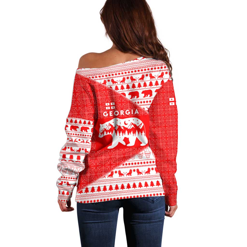 Georgia Christmas Off Shoulder Sweater with Bear Mountains Forest Pattern and Traditional Georgian Design - Wonder Print Shop