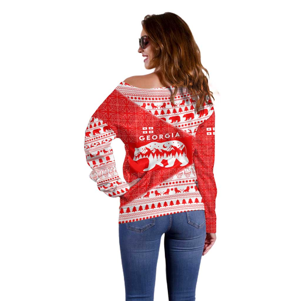 Georgia Christmas Off Shoulder Sweater with Bear Mountains Forest Pattern and Traditional Georgian Design - Wonder Print Shop