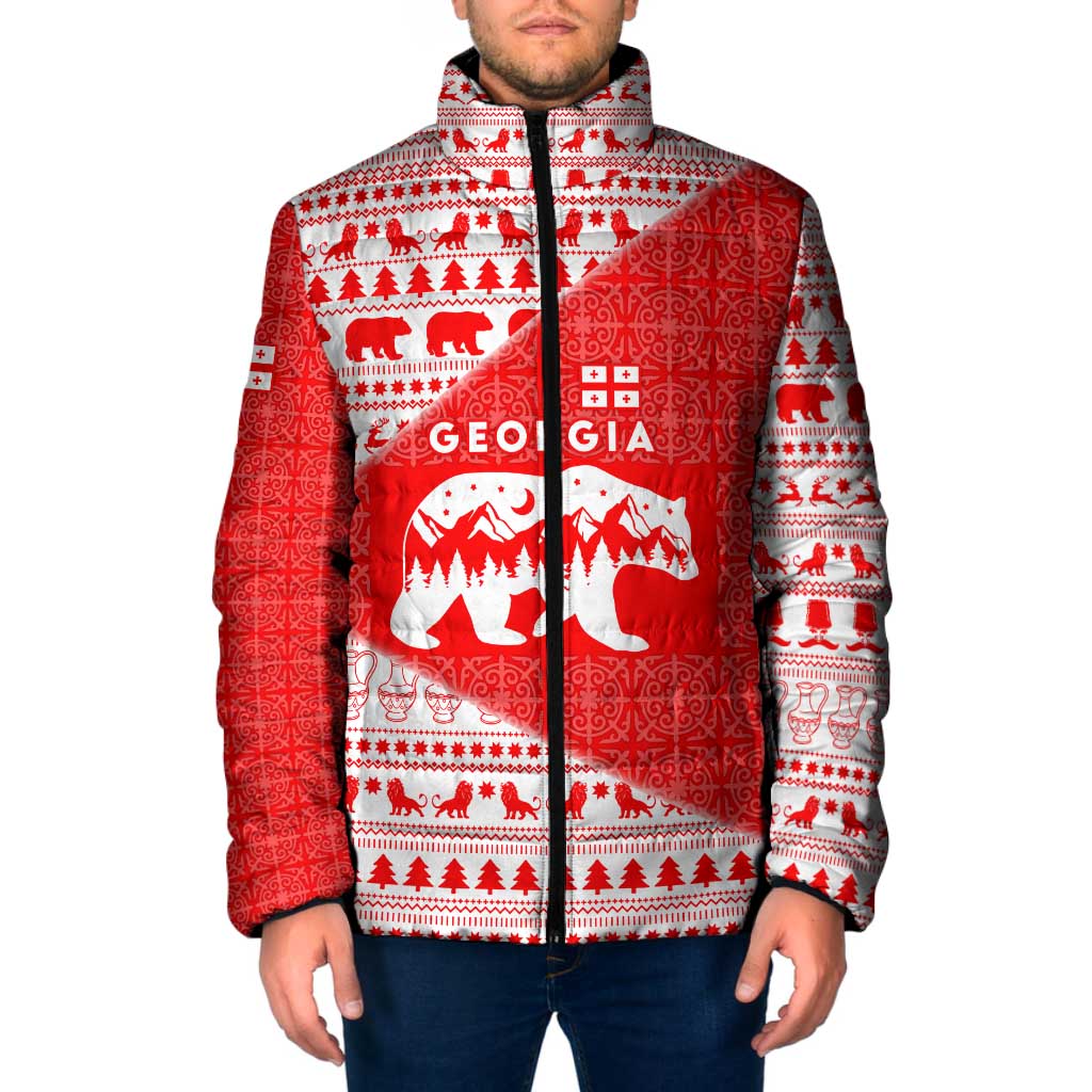 Georgia Christmas Padded Jacket with Bear Mountains Forest Pattern and Traditional Georgian Design - Wonder Print Shop