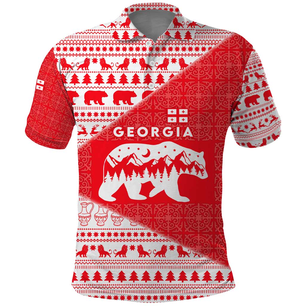 Georgia Christmas Polo Shirt with Bear Mountains Forest Pattern and Traditional Georgian Design - Wonder Print Shop