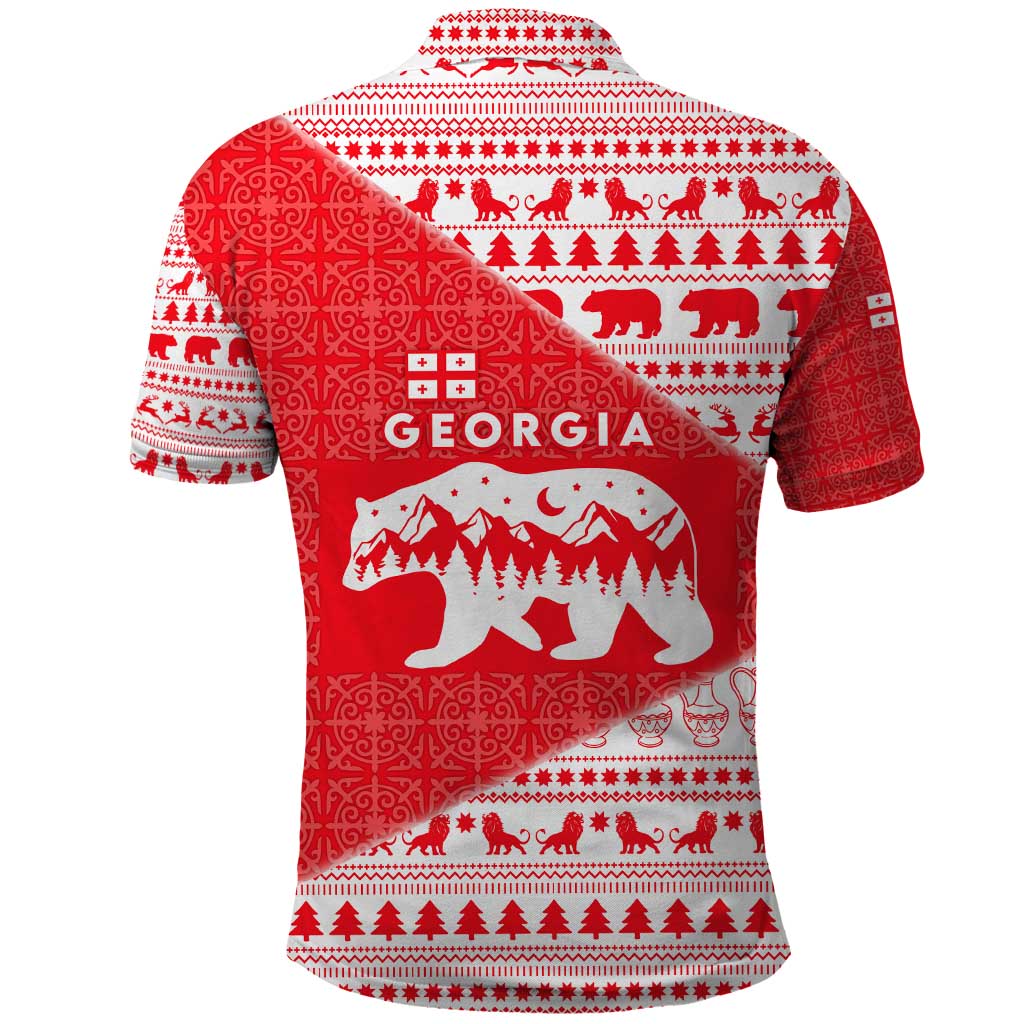 Georgia Christmas Polo Shirt with Bear Mountains Forest Pattern and Traditional Georgian Design - Wonder Print Shop