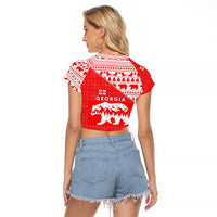 Georgia Christmas Raglan Cropped T Shirt with Bear Mountains Forest Pattern and Traditional Georgian Design - Wonder Print Shop