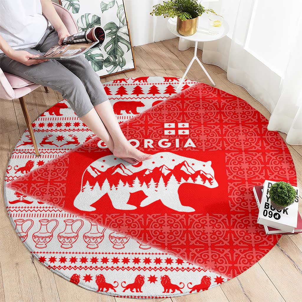 Georgia Christmas Round Carpet with Bear Mountains Forest Pattern and Traditional Georgian Design - Wonder Print Shop