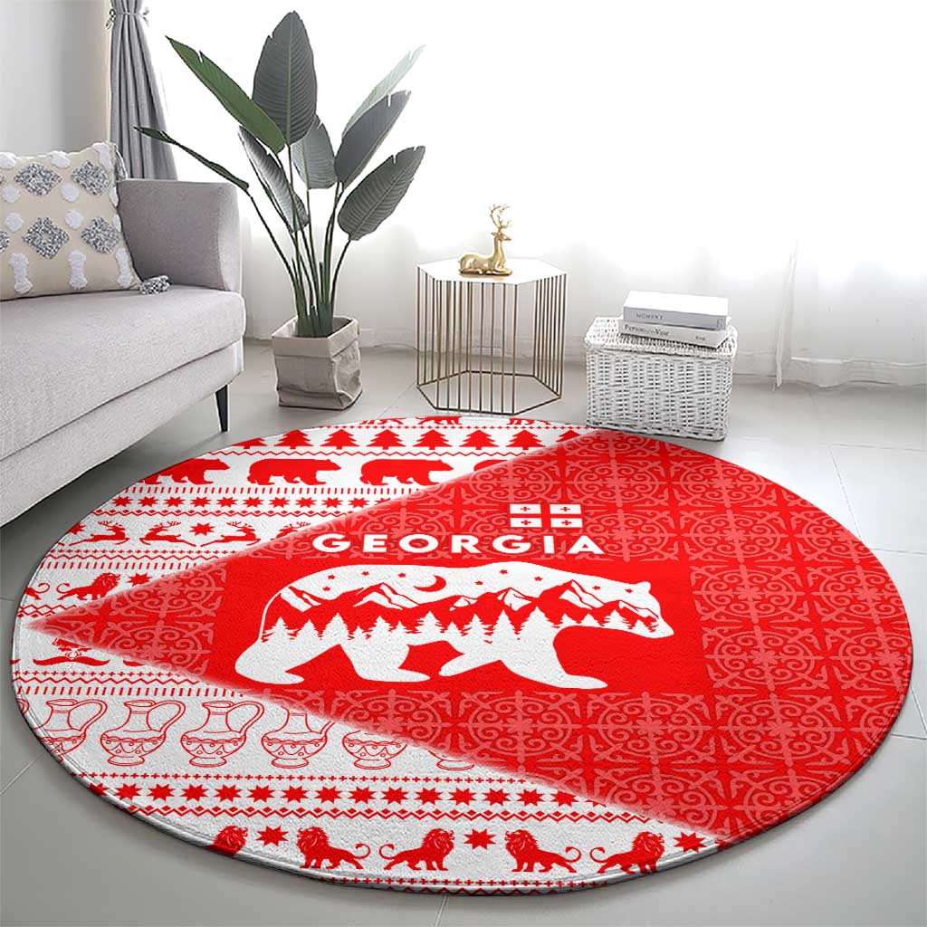 Georgia Christmas Round Carpet with Bear Mountains Forest Pattern and Traditional Georgian Design - Wonder Print Shop
