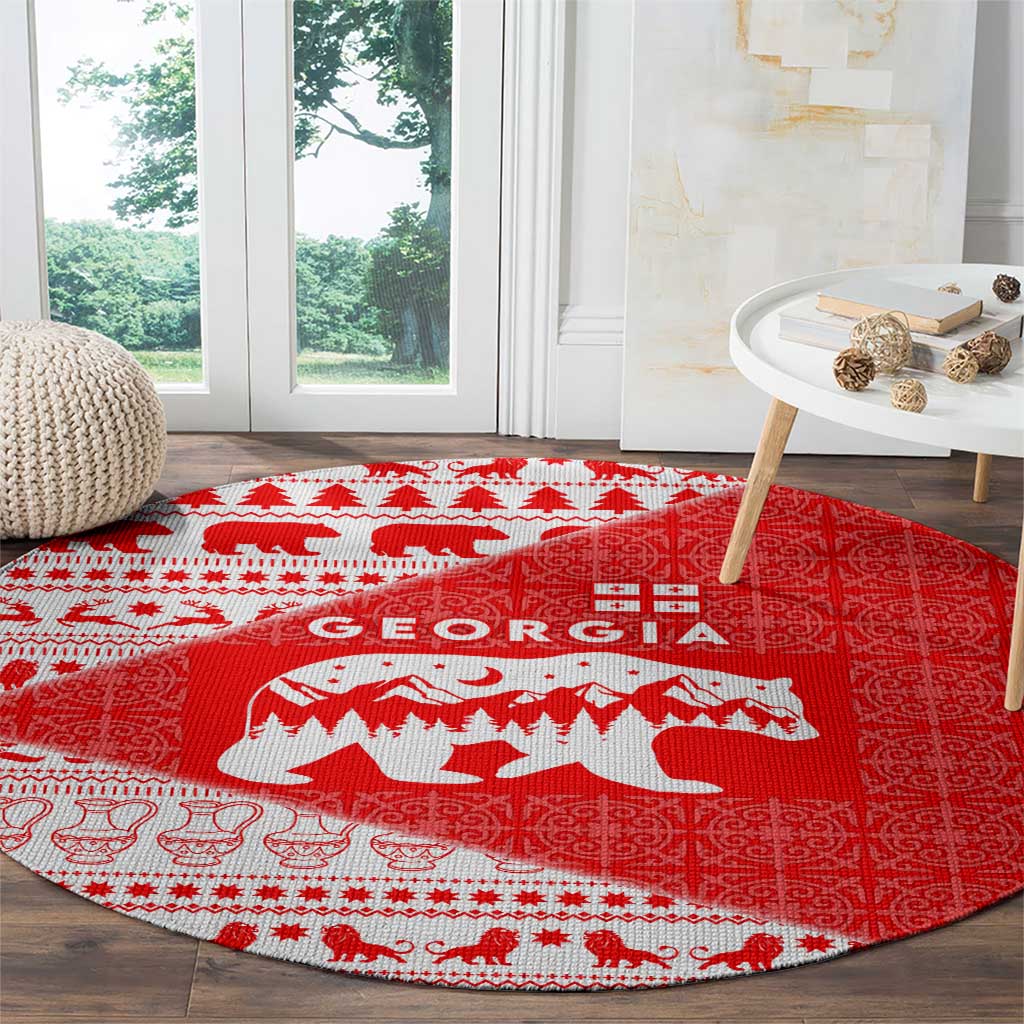 Georgia Christmas Round Carpet with Bear Mountains Forest Pattern and Traditional Georgian Design - Wonder Print Shop