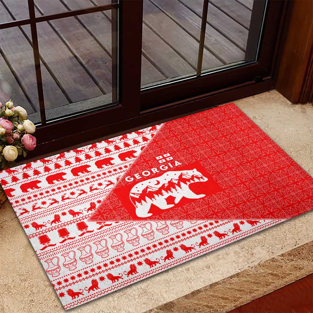 Georgia Christmas Rubber Doormat with Bear Mountains Forest Pattern and Traditional Georgian Design - Wonder Print Shop