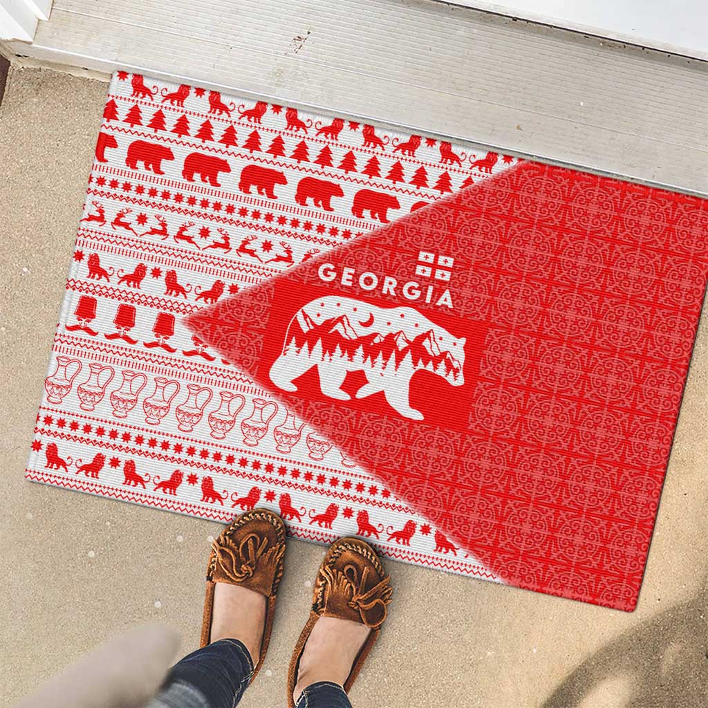 Georgia Christmas Rubber Doormat with Bear Mountains Forest Pattern and Traditional Georgian Design - Wonder Print Shop