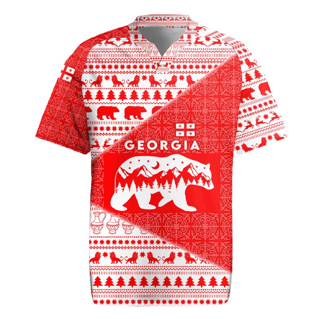 Georgia Christmas Rugby Jersey with Bear Mountains Forest Pattern and Traditional Georgian Design - Wonder Print Shop