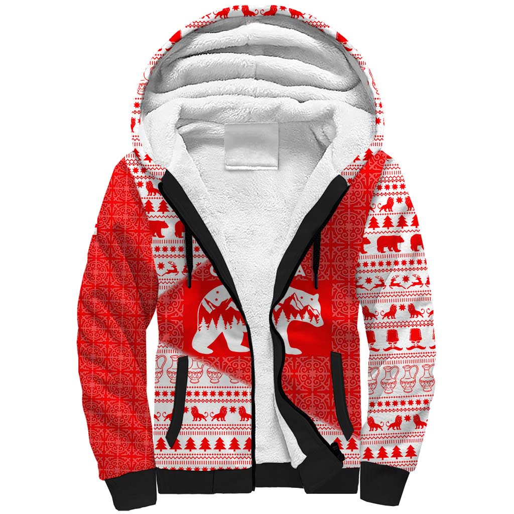 Georgia Christmas Sherpa Hoodie with Bear Mountains Forest Pattern and Traditional Georgian Design - Wonder Print Shop