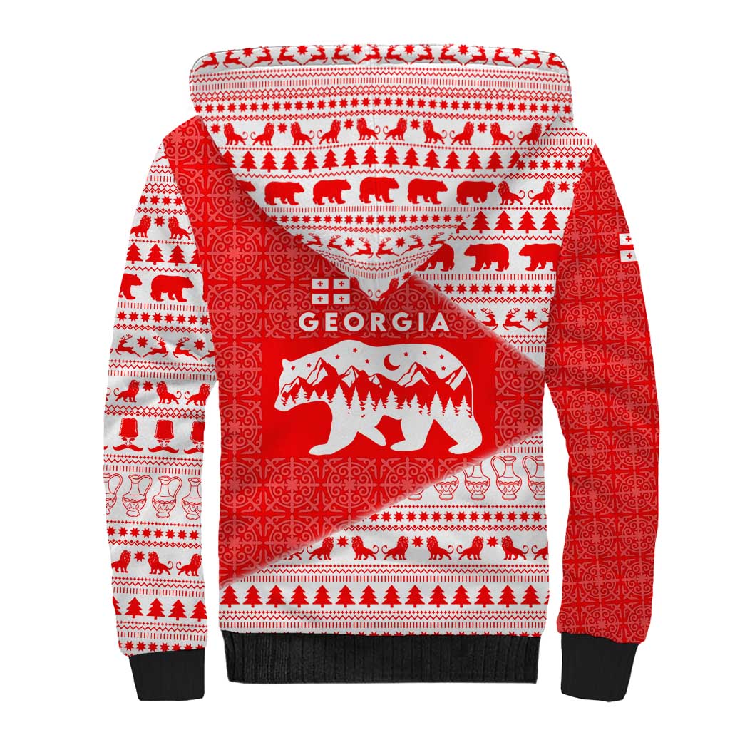 Georgia Christmas Sherpa Hoodie with Bear Mountains Forest Pattern and Traditional Georgian Design - Wonder Print Shop