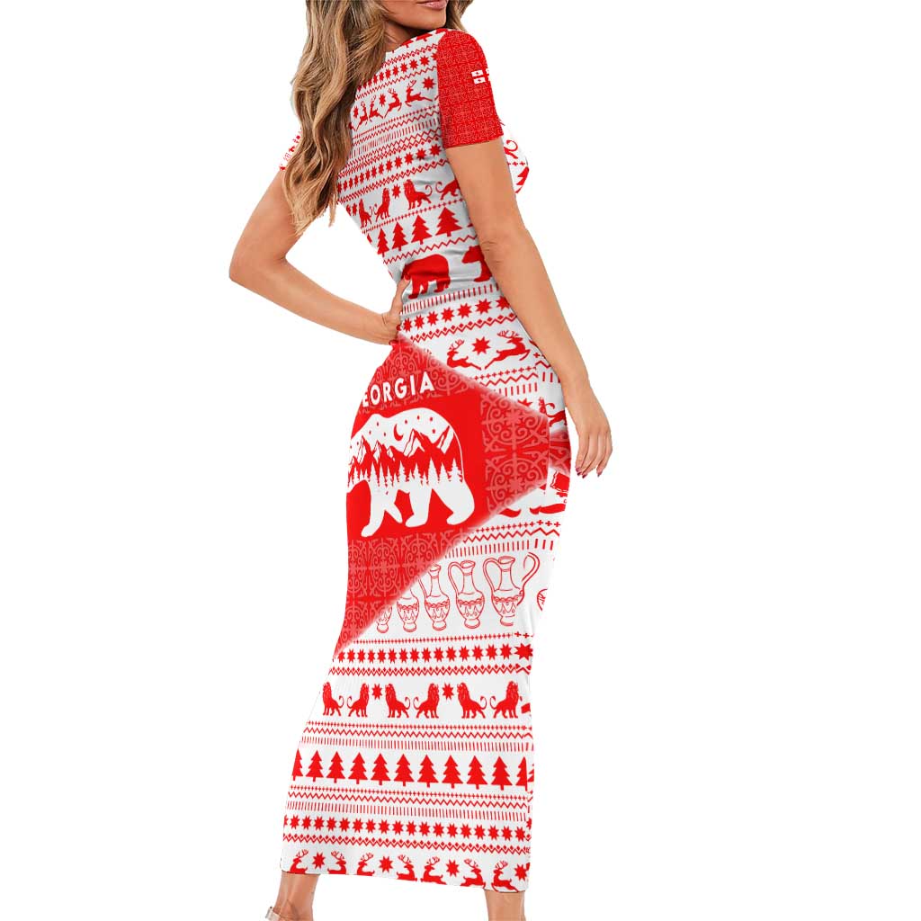 Georgia Christmas Short Sleeve Bodycon Dress with Bear Mountains Forest Pattern and Traditional Georgian Design - Wonder Print Shop