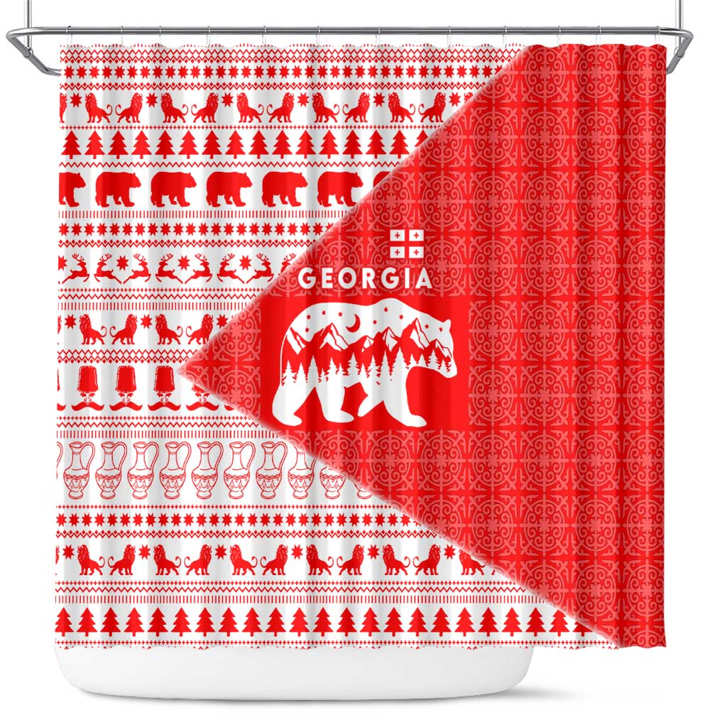 Georgia Christmas Shower Curtain with Bear Mountains Forest Pattern and Traditional Georgian Design - Wonder Print Shop
