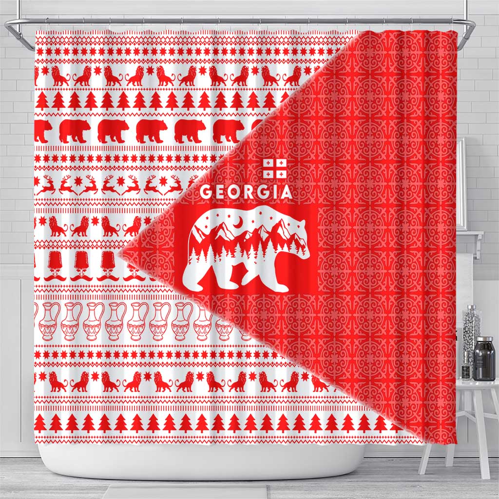 Georgia Christmas Shower Curtain with Bear Mountains Forest Pattern and Traditional Georgian Design - Wonder Print Shop