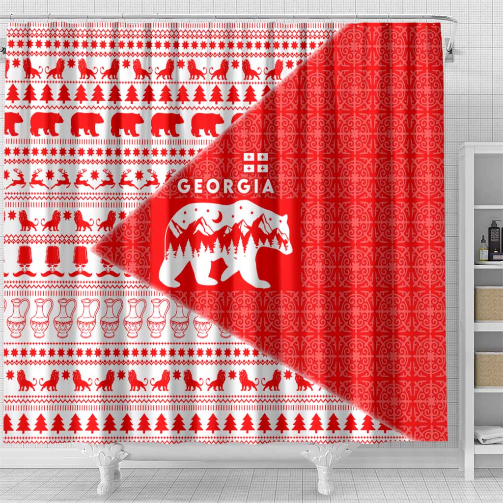 Georgia Christmas Shower Curtain with Bear Mountains Forest Pattern and Traditional Georgian Design - Wonder Print Shop